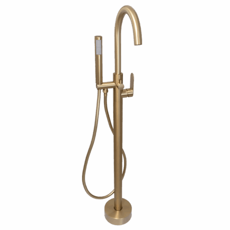 Round Free Standing Bath Mixer Tap with H/S | Satin Brass