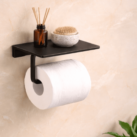 Blackened Brass Toilet Roll Holder with Phone Shelf