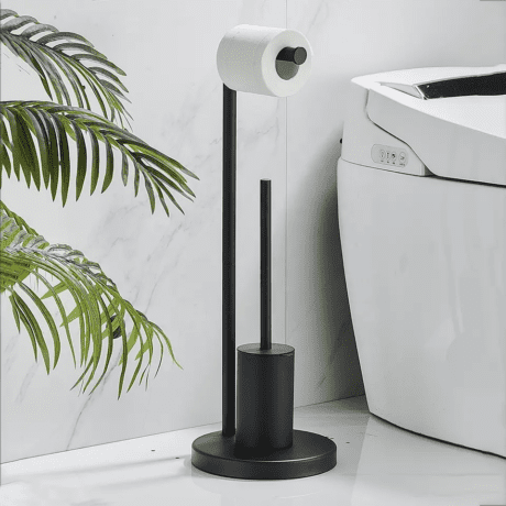 Black Floor Standing Toilet Brush and Roll Holder