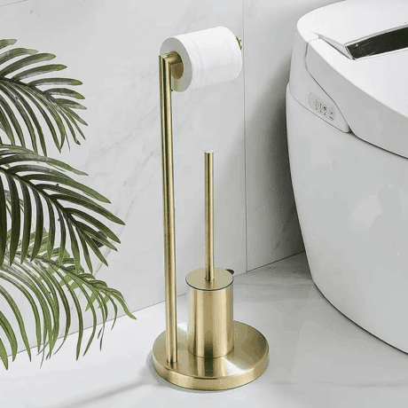 Brushed Gold Floor Standing Toilet Brush and Roll Holder