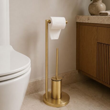Brass Floor Standing Toilet Brush and Roll Holder